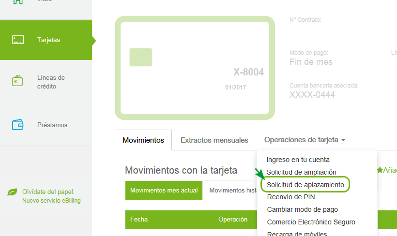 Imagen del Aplazamiento el pago de la mensualidad de la tarjeta en el espacio cliente