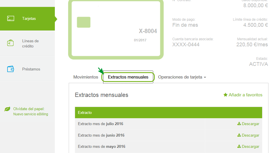 Imagen del Extracto movimientos de tarjeta en el espacio cliente